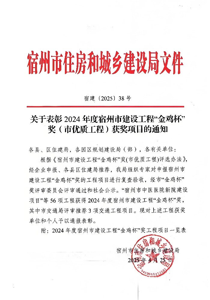 公司監(jiān)理項目斬獲宿州市“金雞杯”獎，劉斌同志榮獲“優(yōu)秀總監(jiān)理工程師”榮譽(yù)