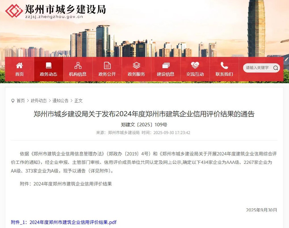 建基咨詢榮獲2024年度鄭州市建筑企業(yè)信用評價AAA級